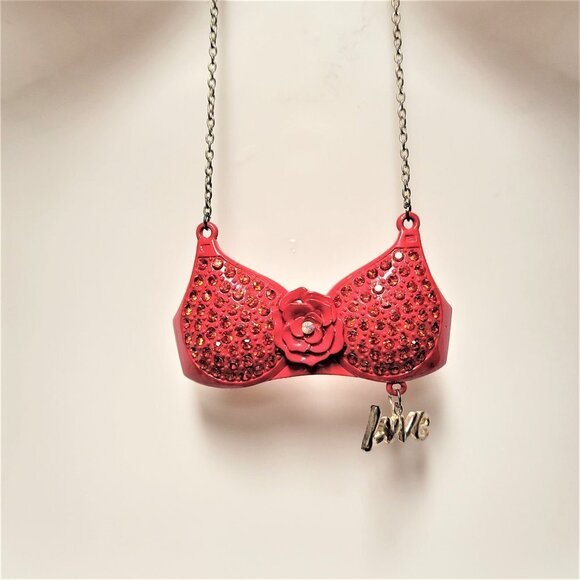 RED Bra Pendant Necklace, Rhinestones Pendant Long Necklace - Picture 6 of 9